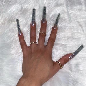 10pcs 3XL Square Shiny Silver Press on Nails | Silver and Glitter